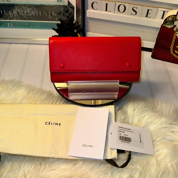 Celine Pink Drummed Leather Large Multifunction Flap Wallet NWT - Picture 1 of 17